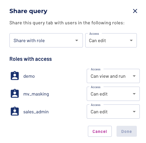 Share a query tab with roles dialog