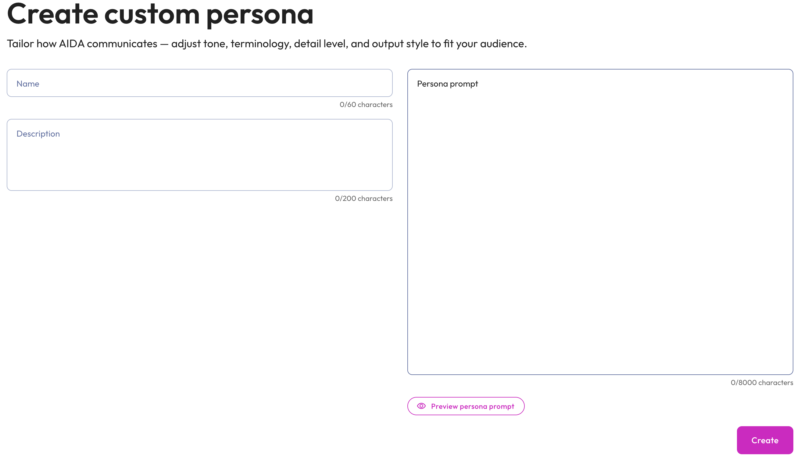 AIDA create custom persona dialog