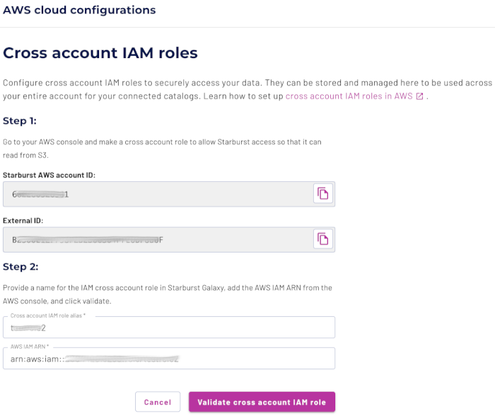 Configure cross account IAM roles dialog
