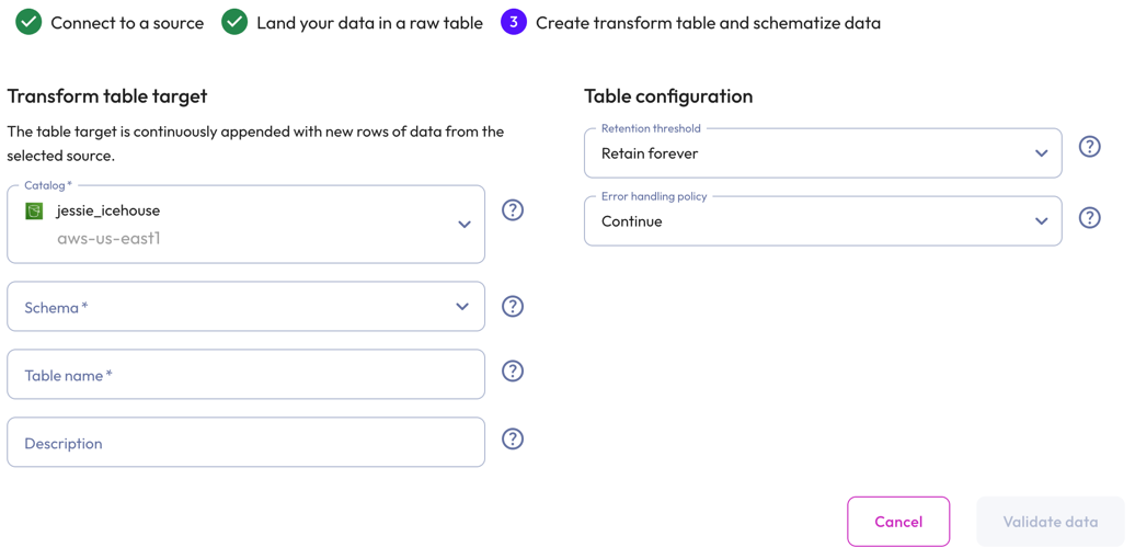 Data ingest create a transform table