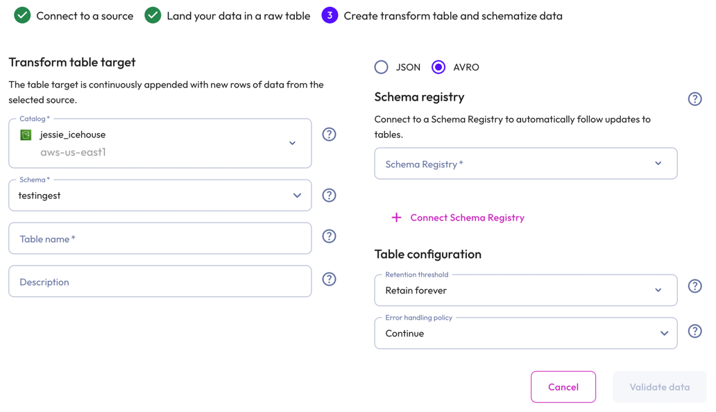 Data ingest create a transform table for json data