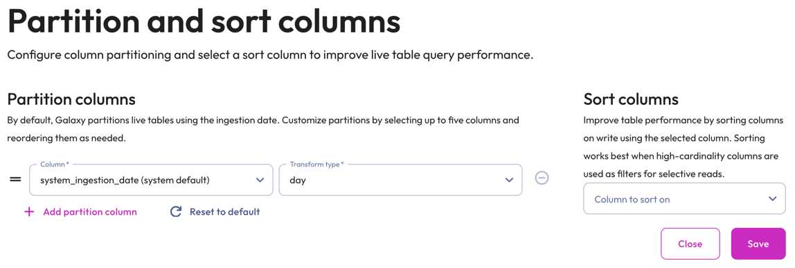 Data ingest partition and sort columns