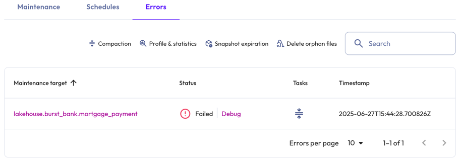 Data maintenance jobs errors tab