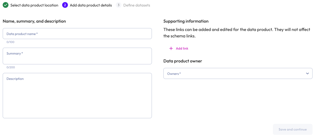 Add data product details step