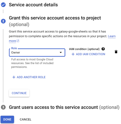 Grant this service account access to projects dialog