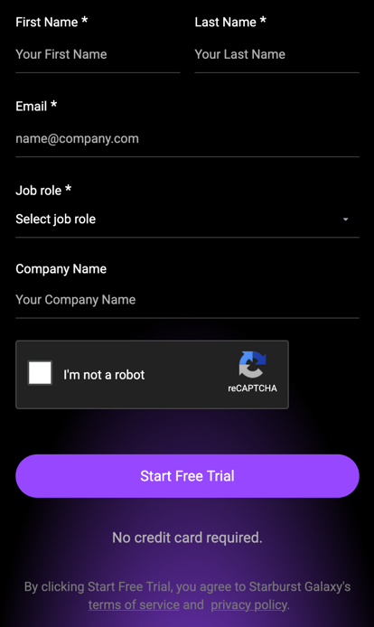 Starburst Galaxy sign-up form