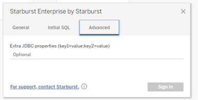 Tableau Connector login dialog showing Advanced tab