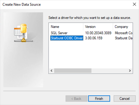 Create New Data Source window in ODBC Data Source Administrator