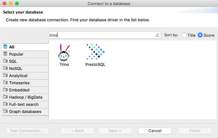 DBeaver select driver dialog