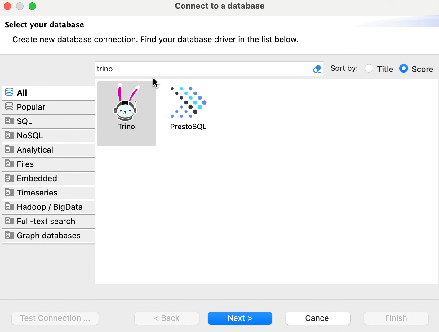 DBeaver select driver dialog