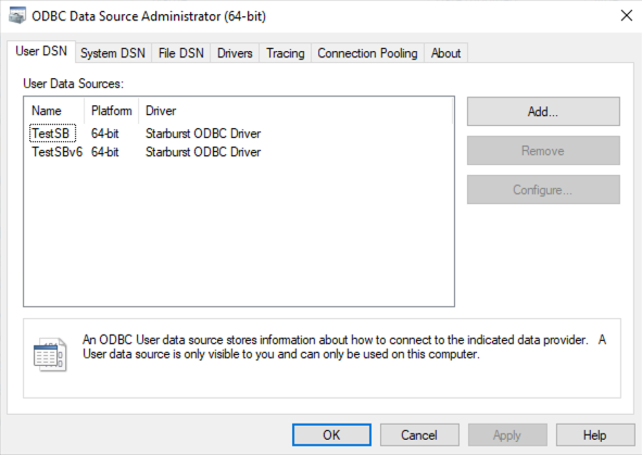 ODBC Data Source Administrator window