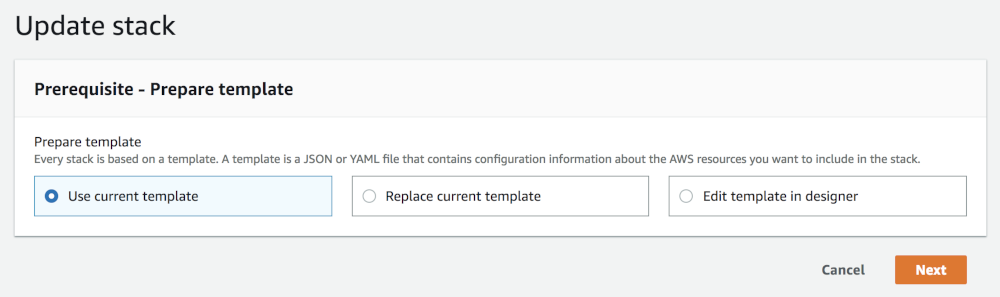 AWS template settings with the Use current template option selected