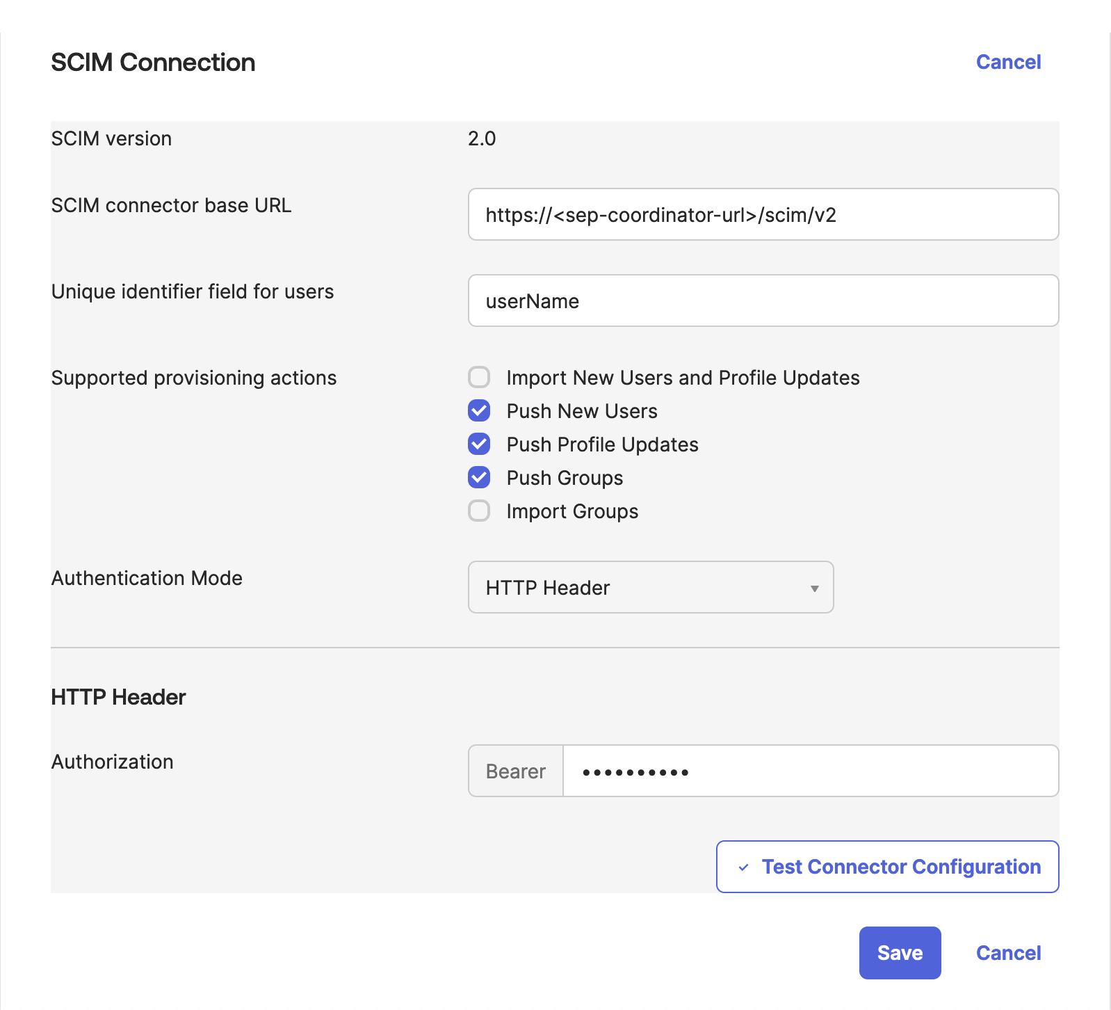 Example of connection info for SCIM configuration in Okta